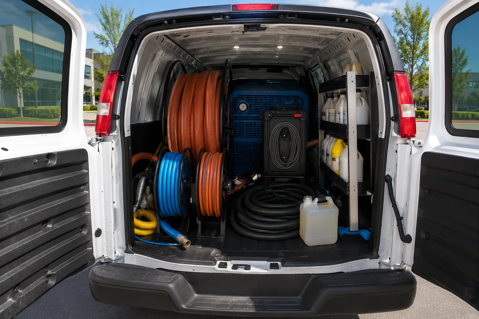 Carpet cleaning equipment inside the Hyper Carpet Cleaning van