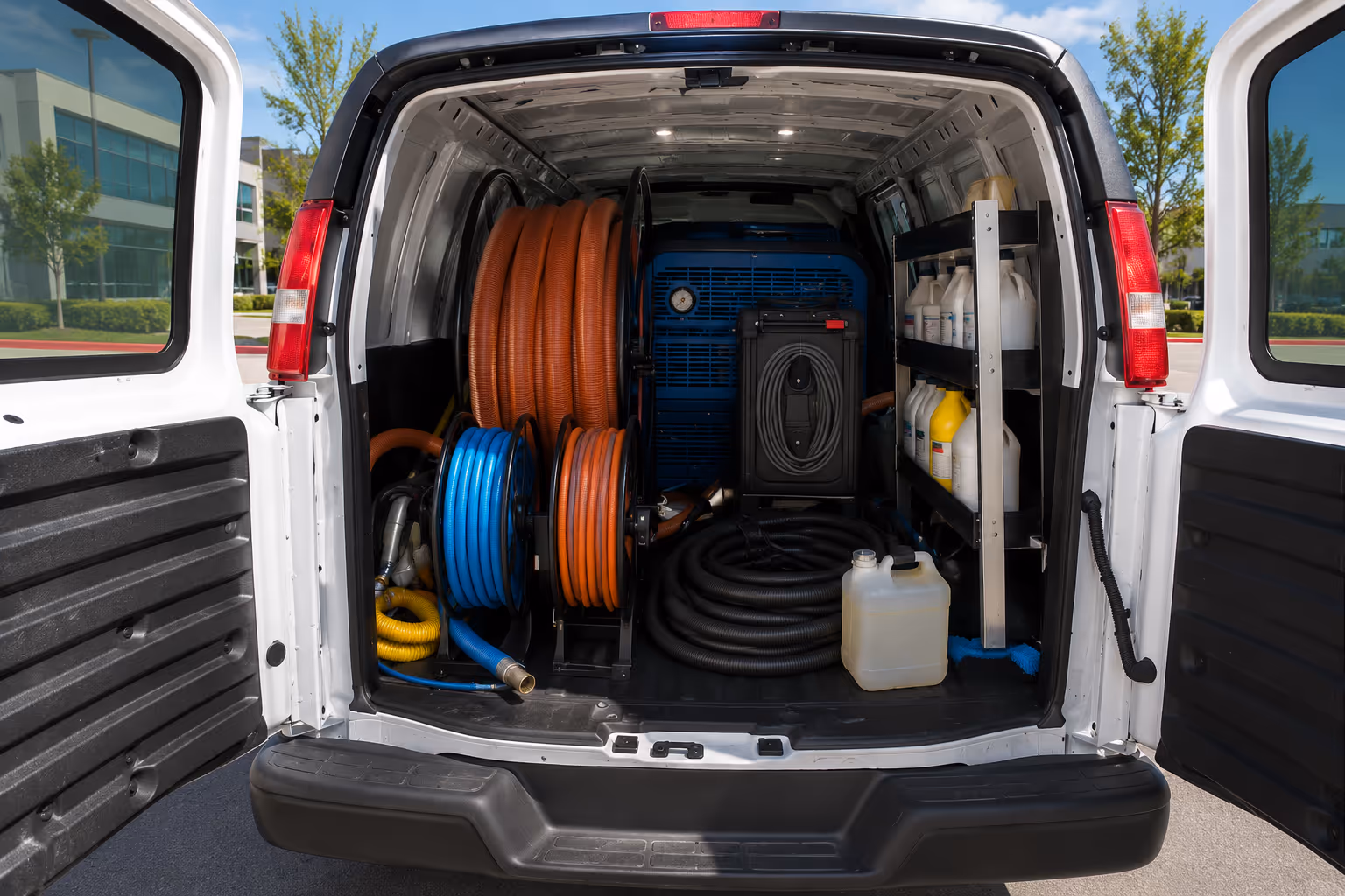 Professional carpet cleaning equipment inside the Hyper Carpet Cleaning van